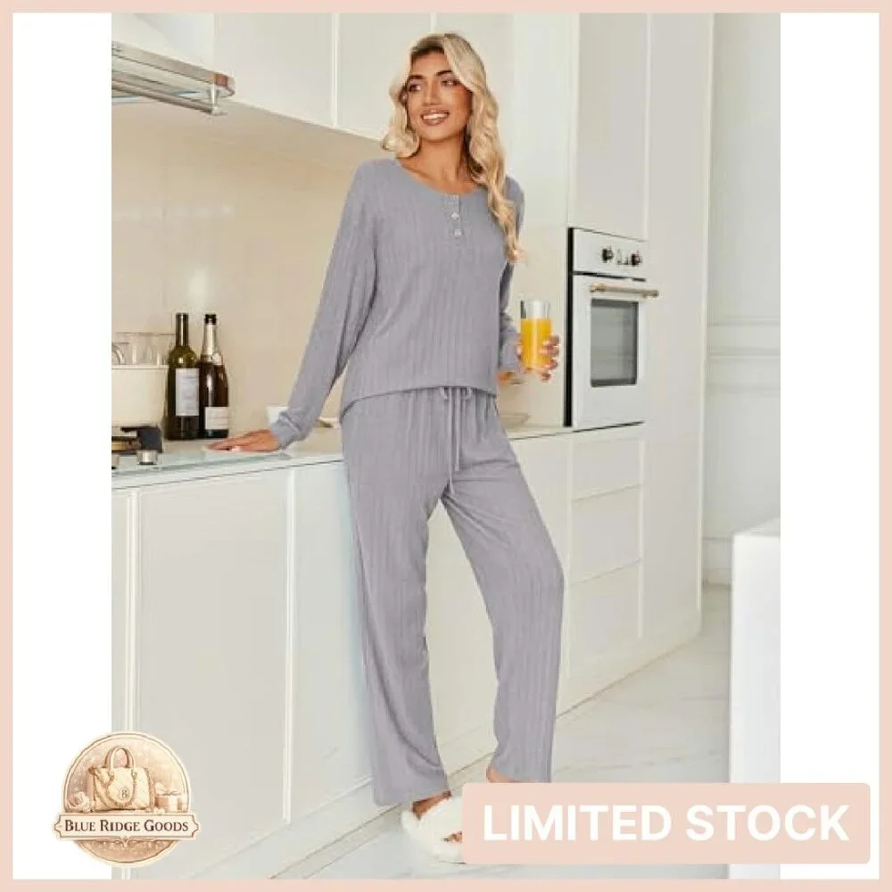 Ribbed Knit Button Down Pajama Set Cozy Lounge Wear Long Sleeve Sleepwear
